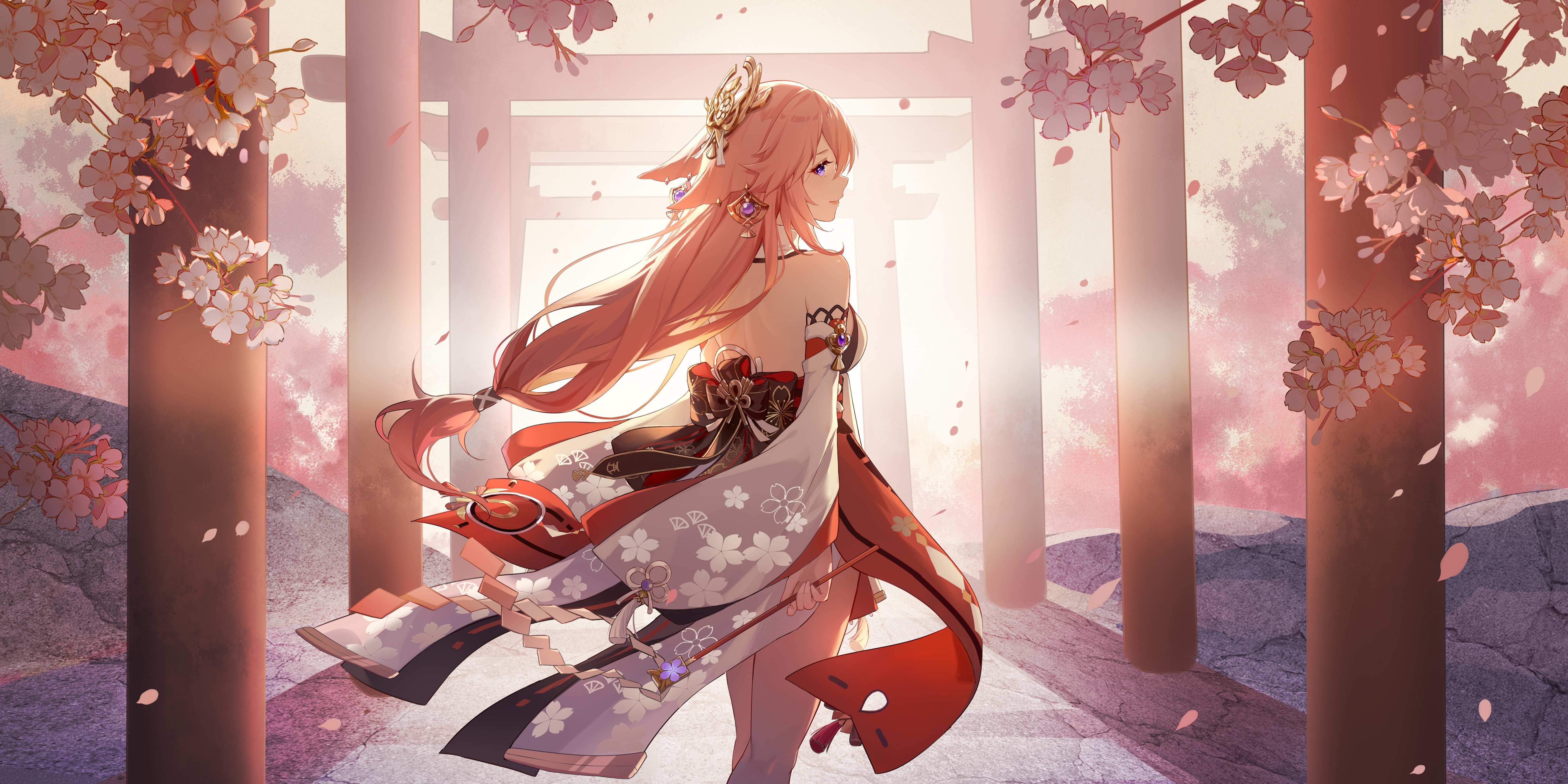 Yae Miko Cherry Blossom Shrine Wallpaper