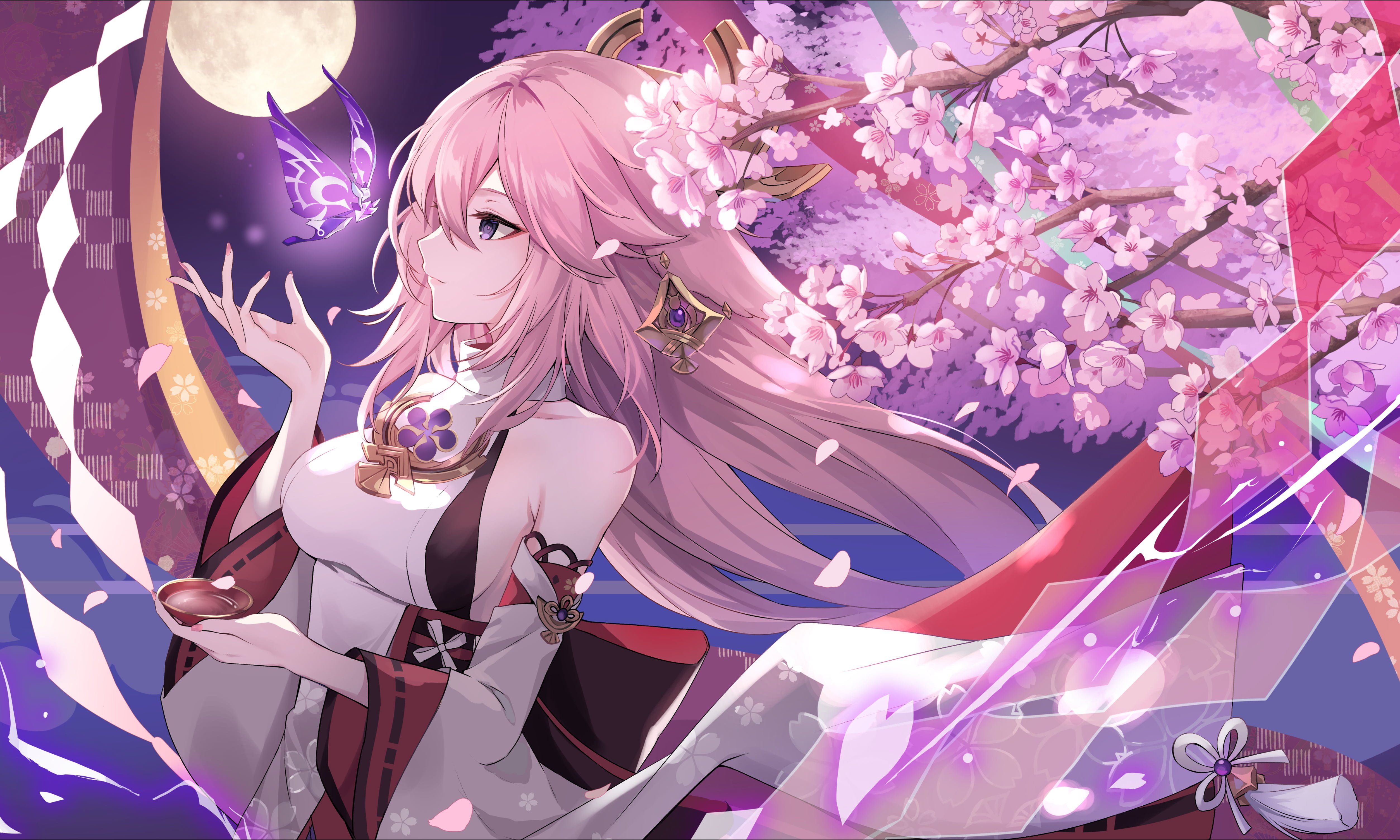 Yae Miko Cherry Blossom Night Wallpaper 4K