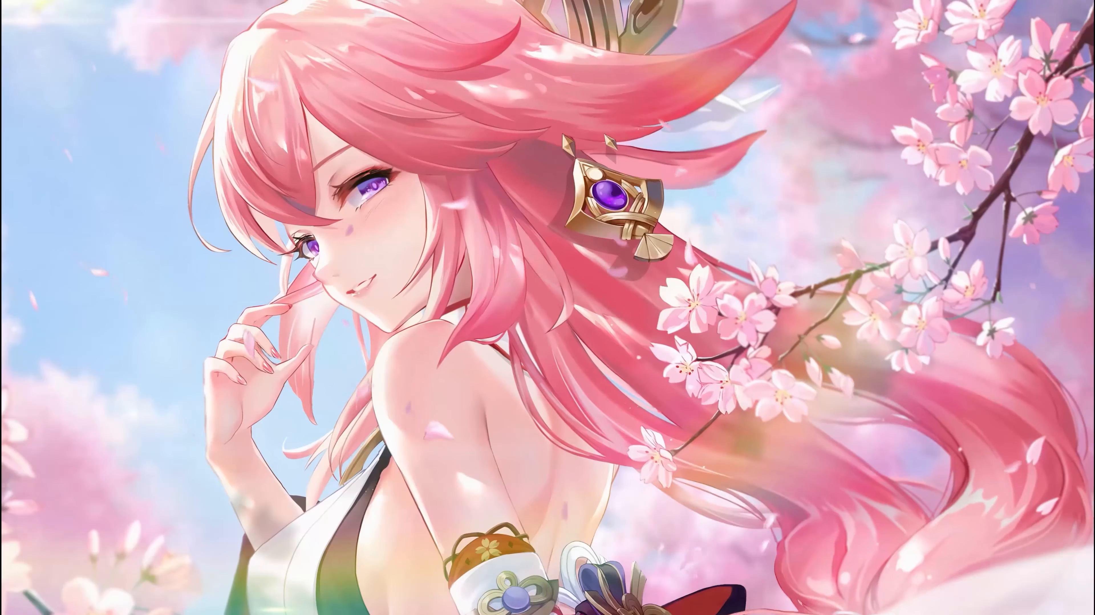 Yae Miko Cherry Blossom 4K Wallpaper