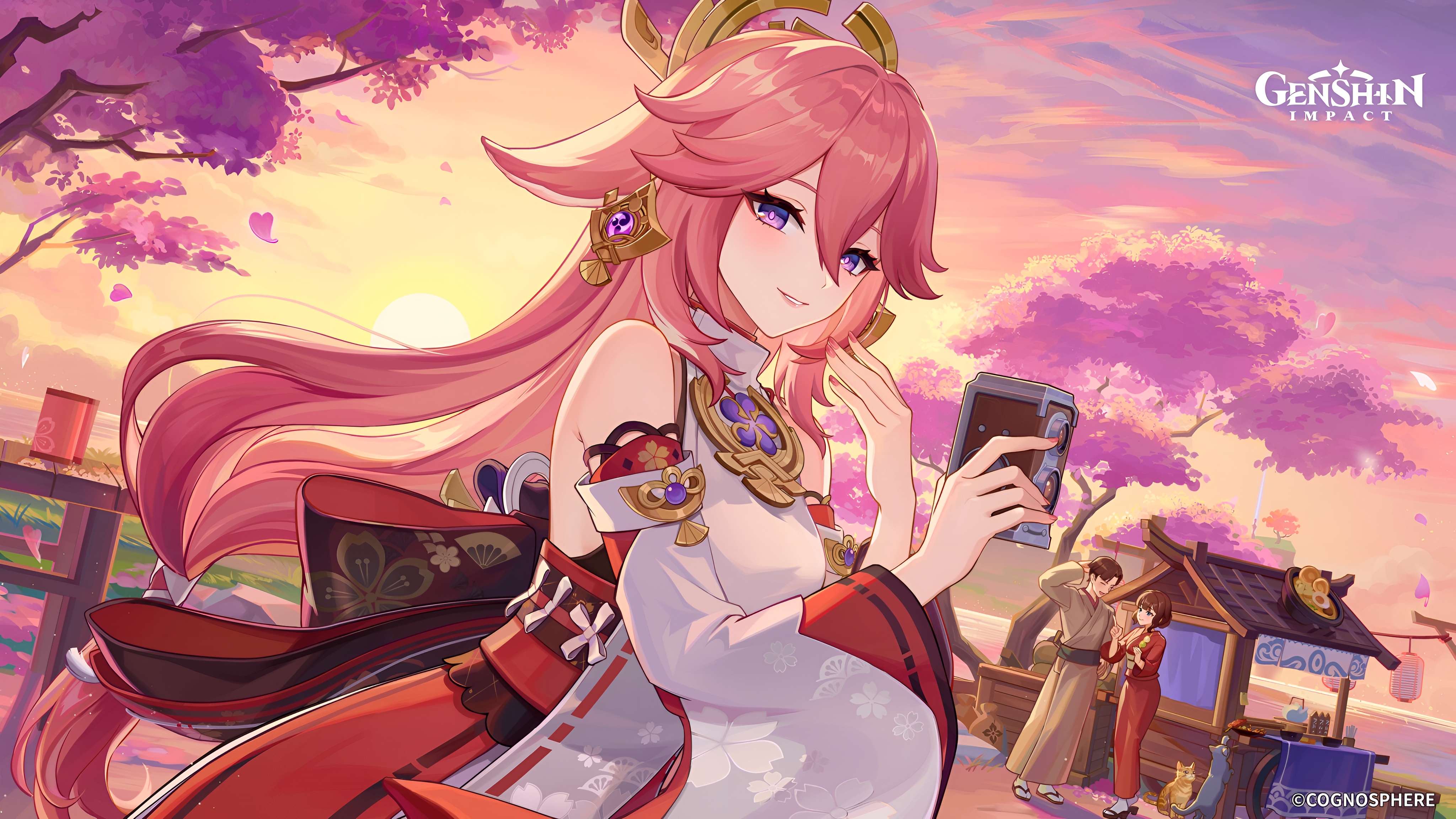 Yae Miko Cherry Blossom Sunset Wallpaper