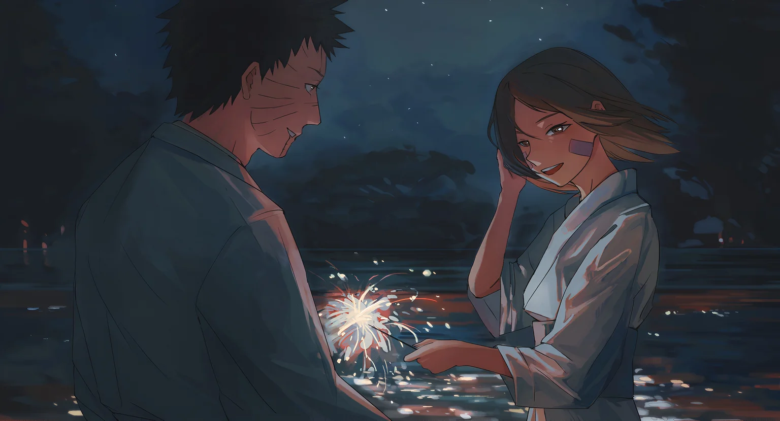 Imagine de fundal Obito și Rin Sparkler Night
