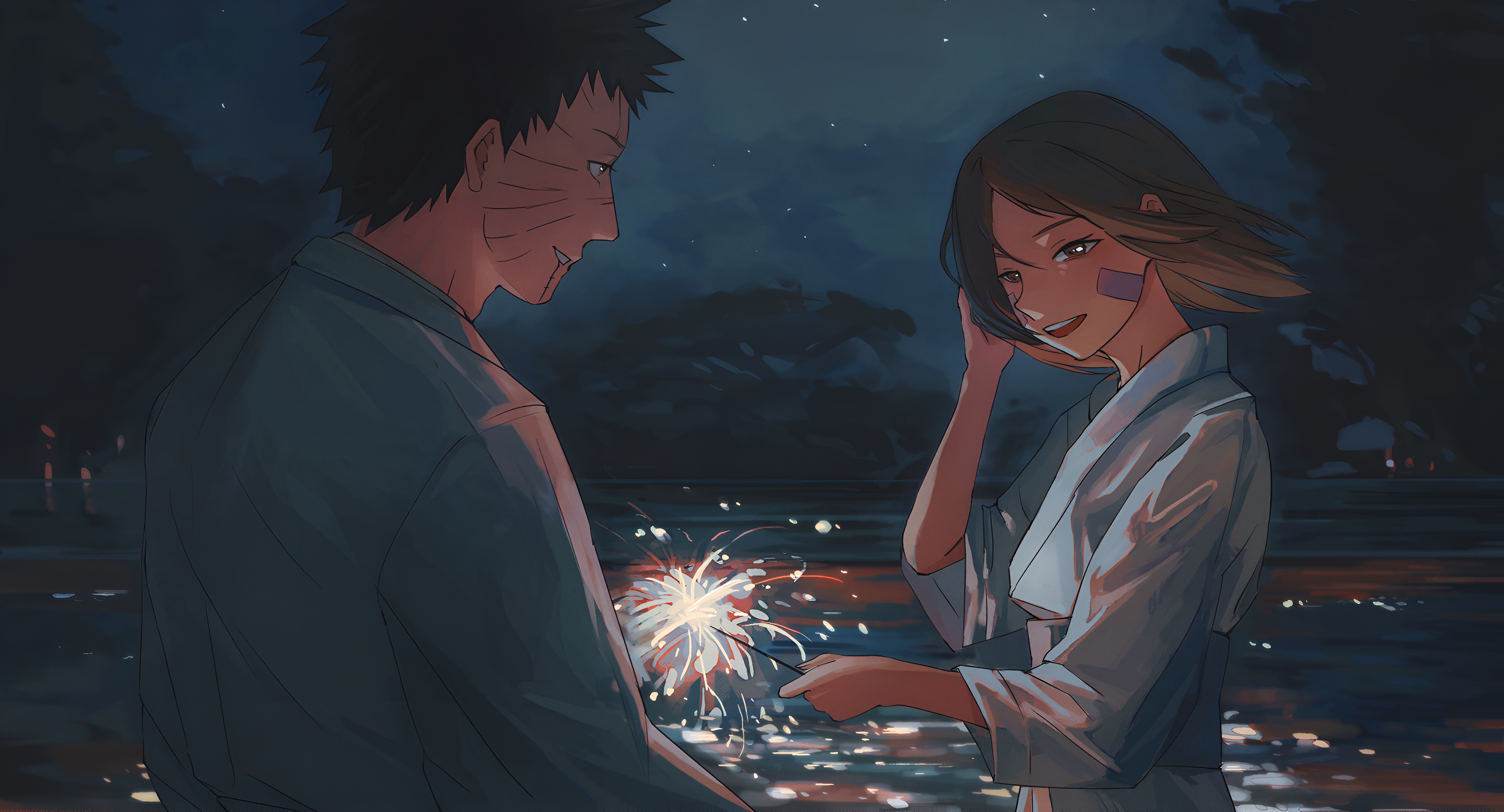 Obito and Rin Sparkler Night Wallpaper