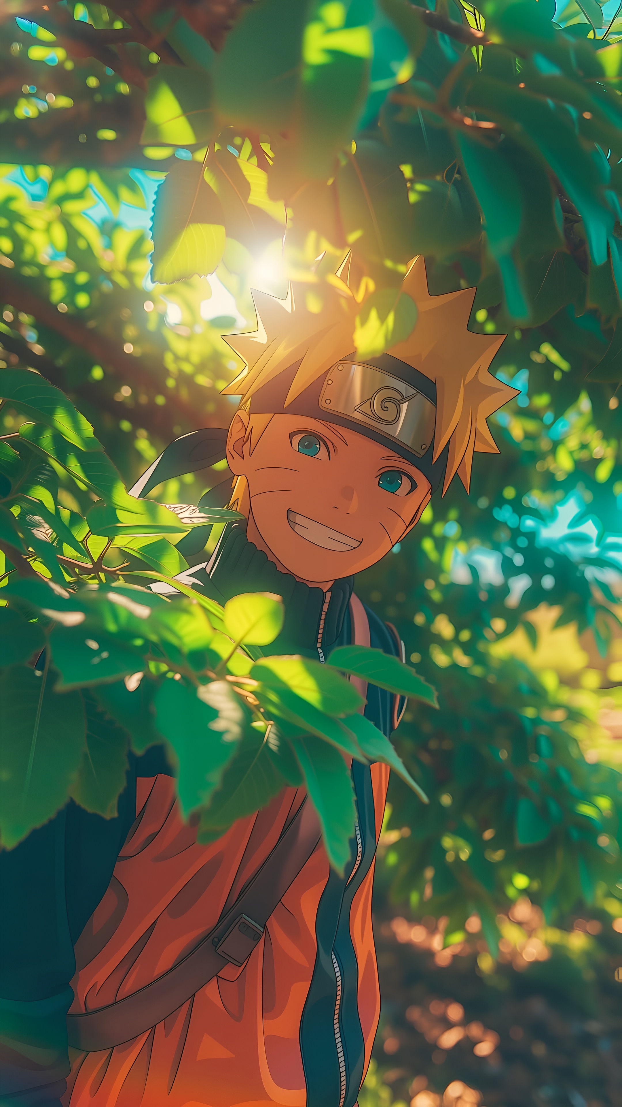 Naruto Uzumaki Smiling Among Green Leaves Wallpaper