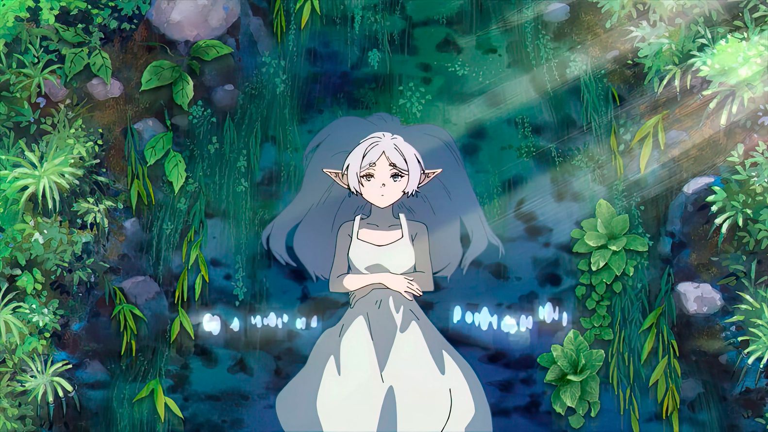 Frieren шумска водопад аниме позадина 4K