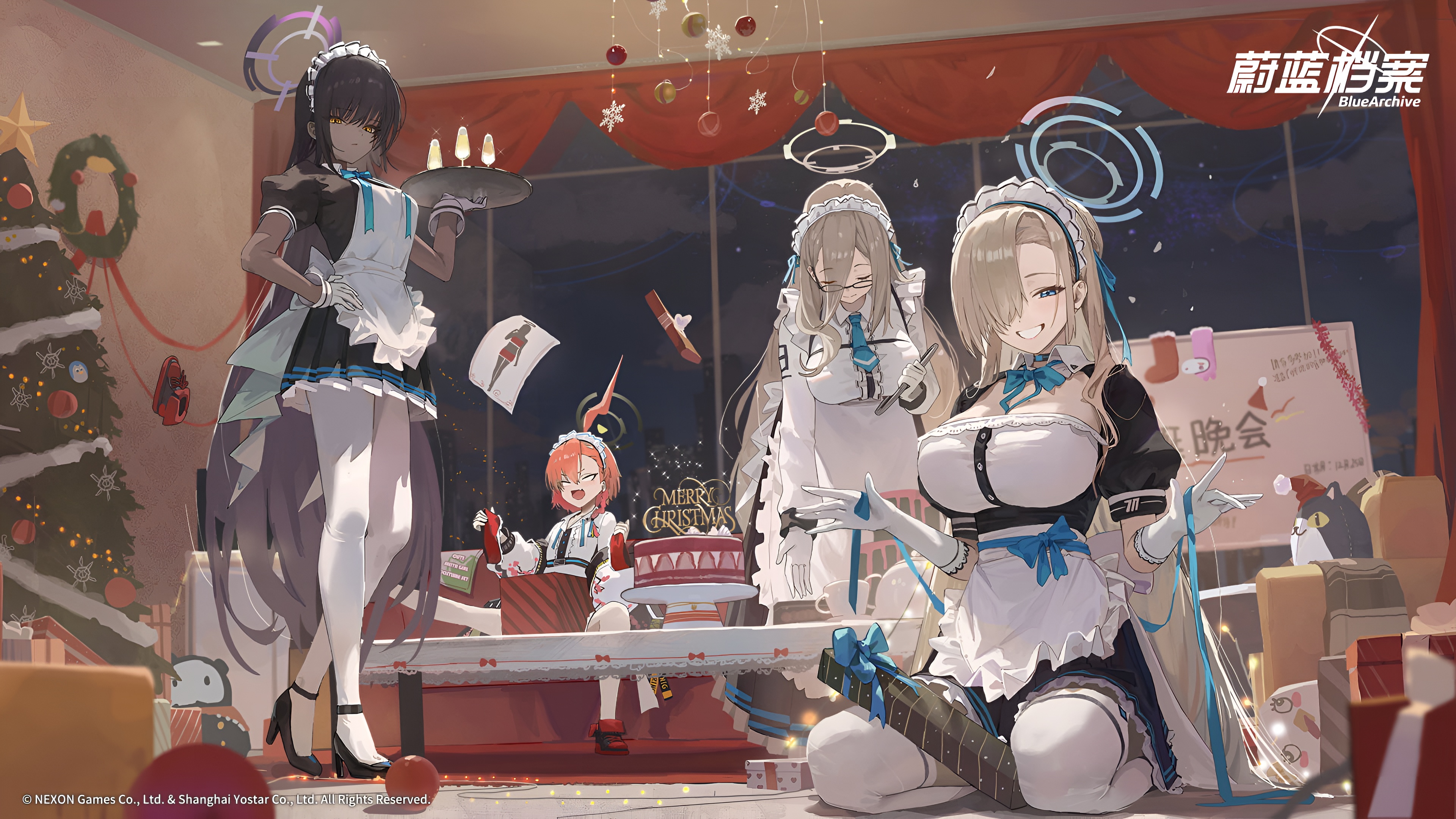 Blue Archive Christmas Maid Wallpaper – Ichinose Asuna, Kakudate Karin, Mikamo Neru & Murokasa Akane