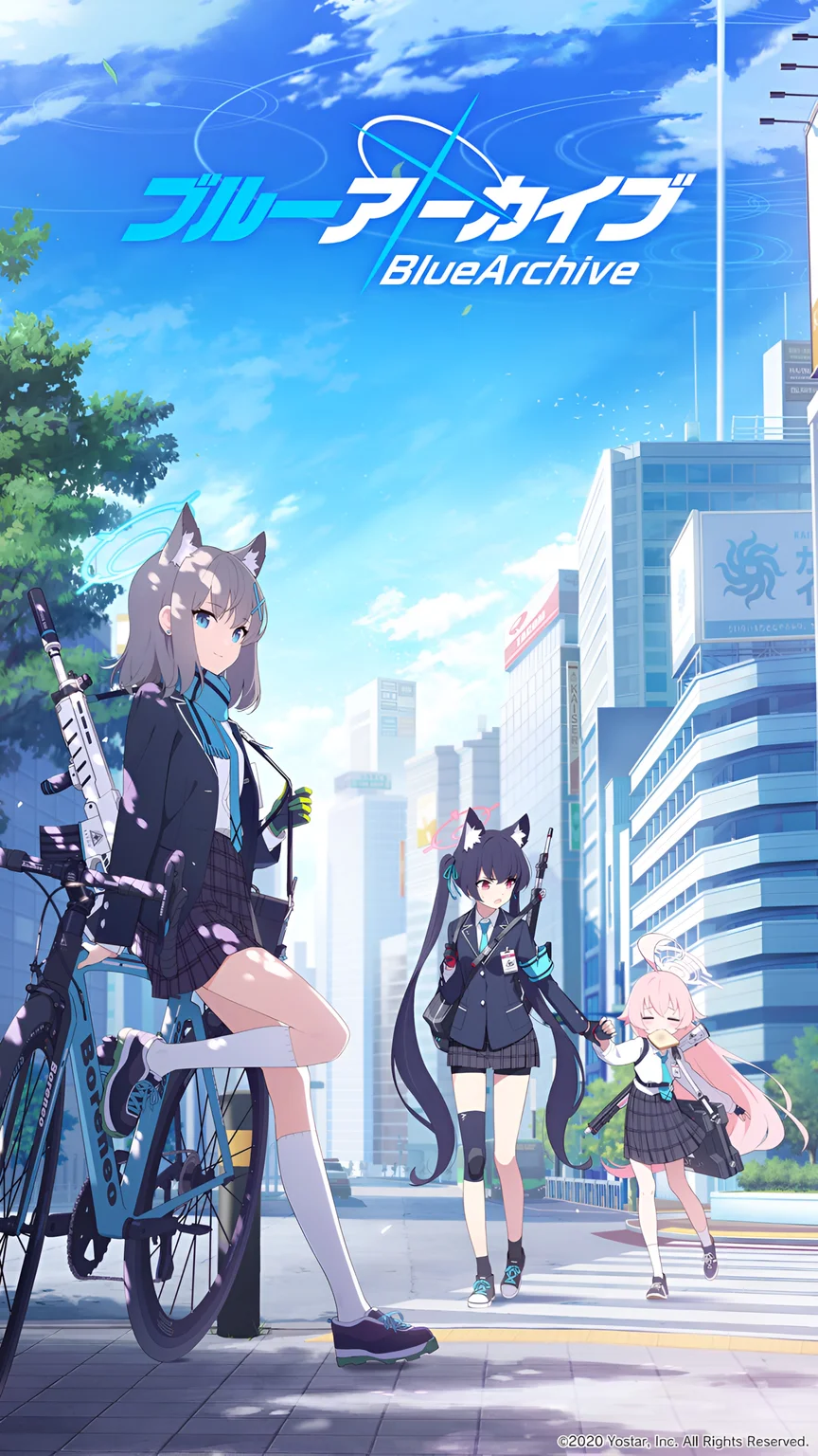 Blue Archive Wallpaper – Shiroko, Serika & Hoshino in Urban Street Scene