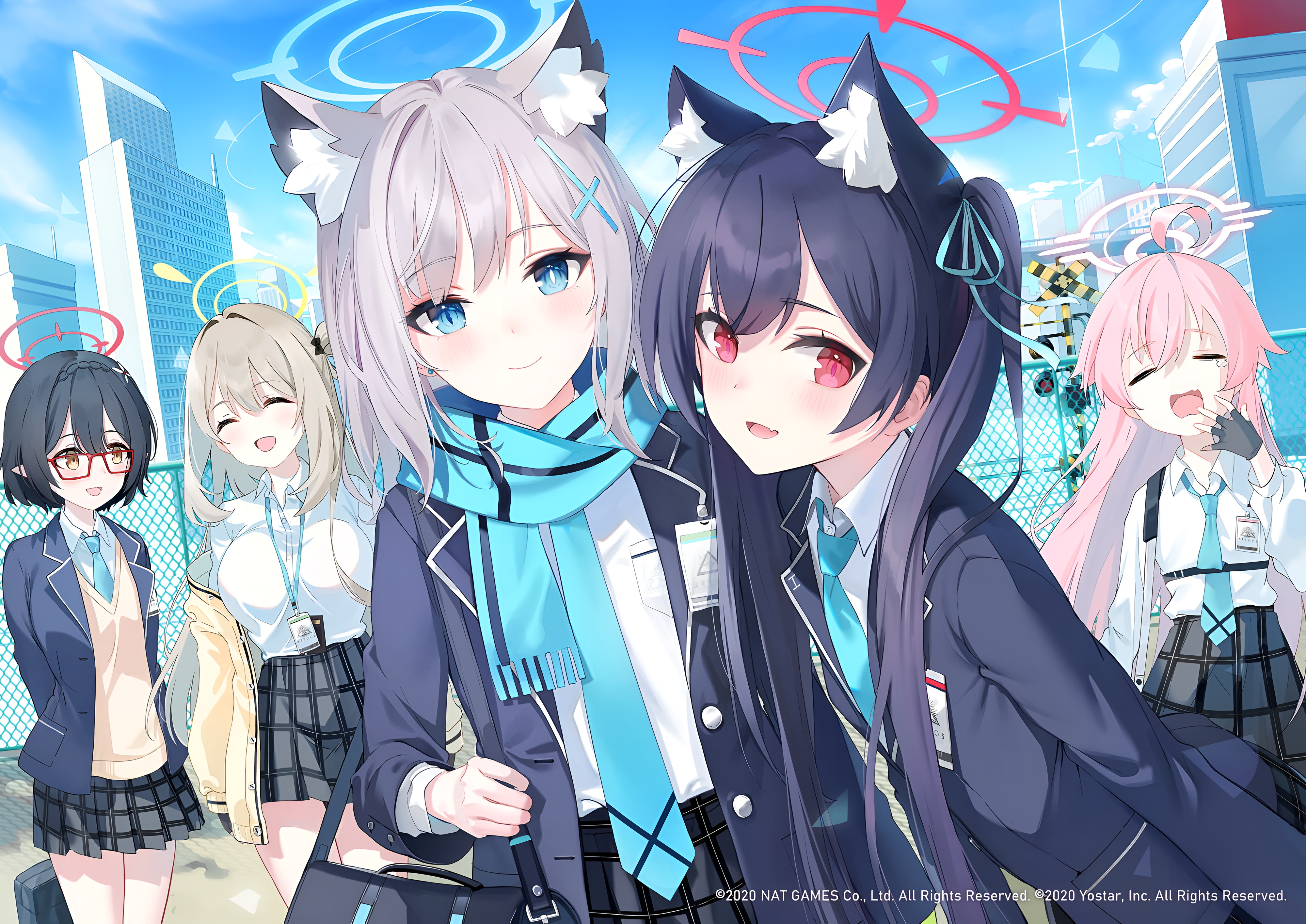 Blue Archive Wallpaper – Shiroko Sunaookami, Takanashi Hoshino, Izayoi Nonomi, Kuromi Serika & Okusora Ayane 4K