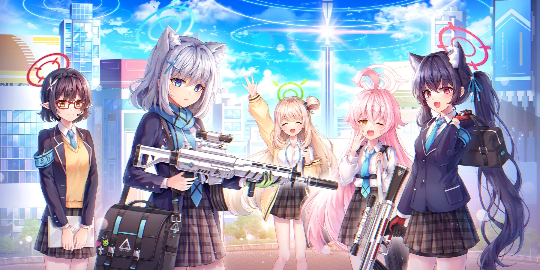 Blue Archive Wallpaper – Shiroko Sunaookami, Takanashi Hoshino, Izayoi Nonomi, Kuromi Serika & Okusora Ayane 4K