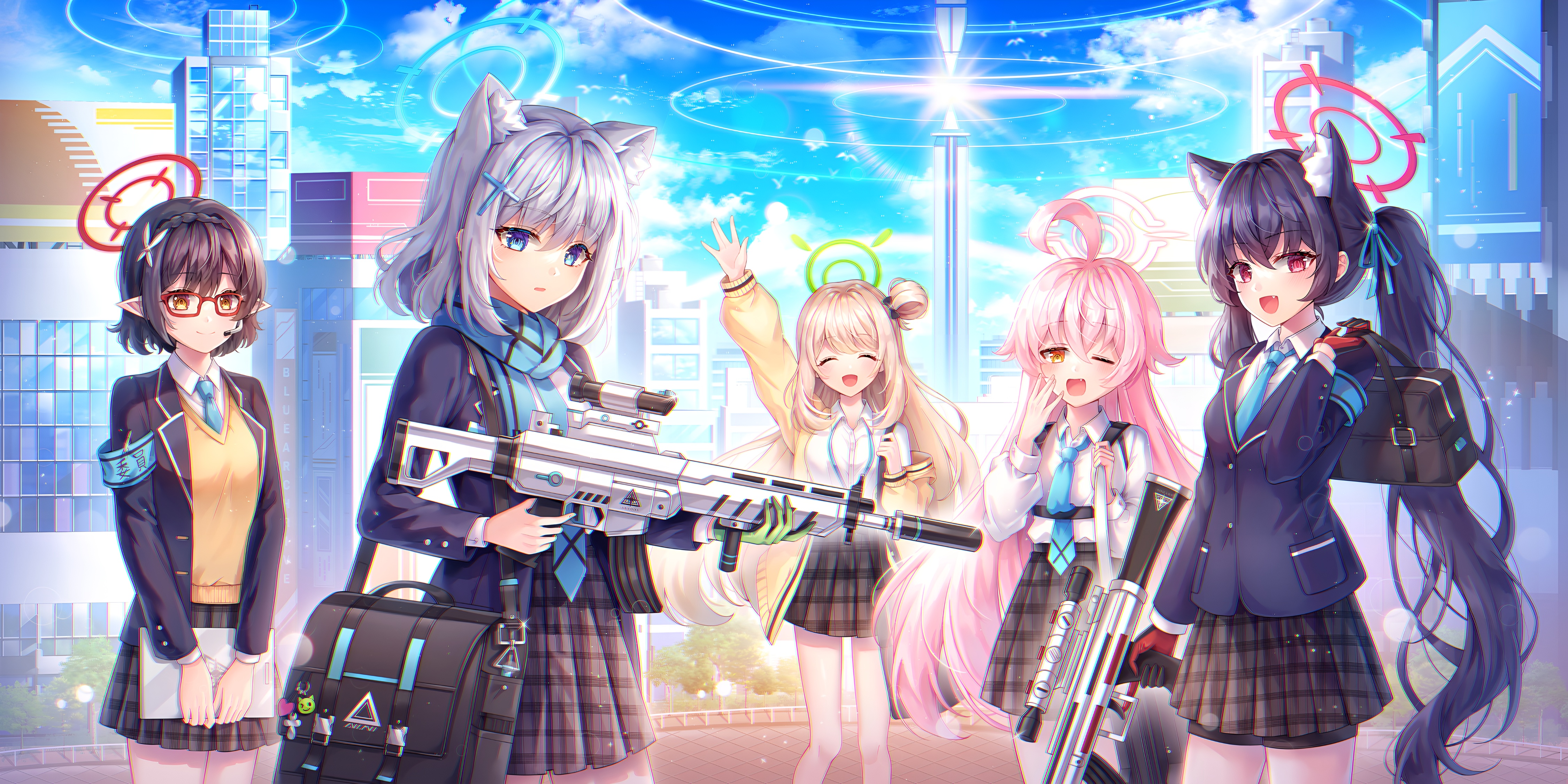 Blue Archive Wallpaper – Shiroko Sunaookami, Takanashi Hoshino, Izayoi Nonomi, Kuromi Serika & Okusora Ayane 4K