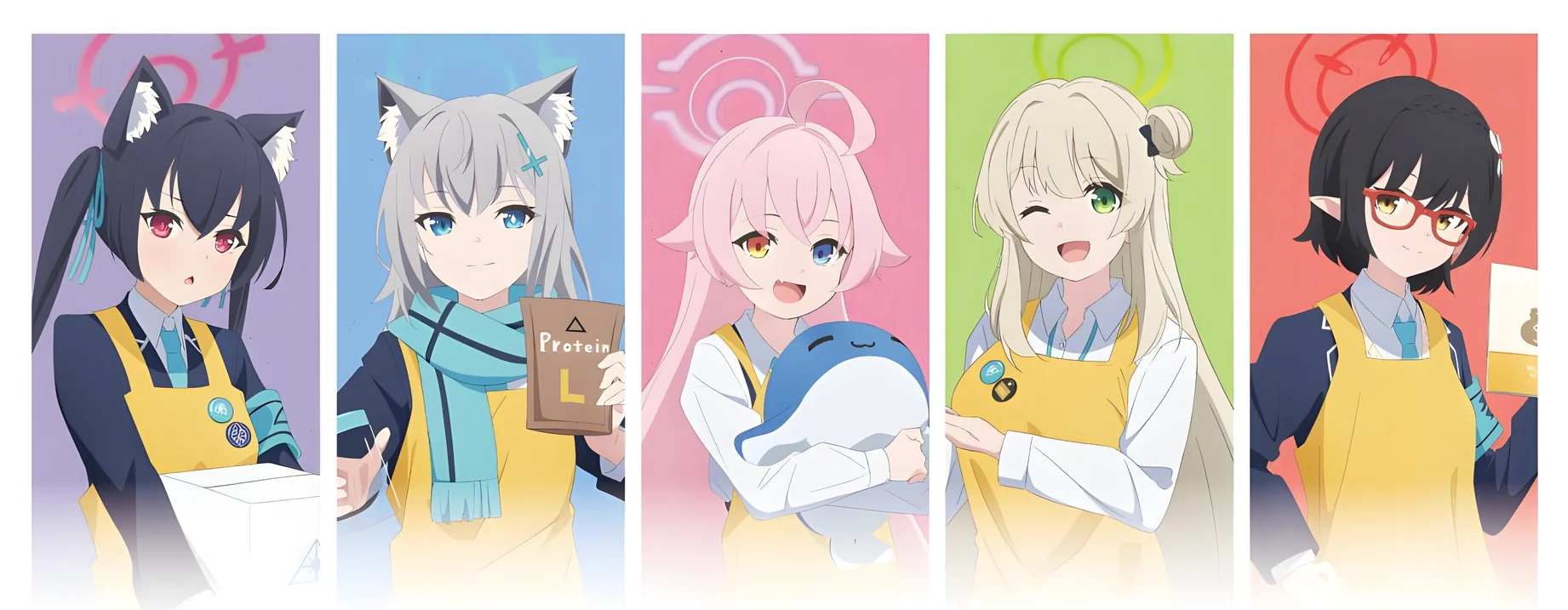Blue Archive Wallpaper – Shiroko Sunaookami, Takanashi Hoshino, Izayoi Nonomi, Kuromi Serika & Okusora Ayane 4K