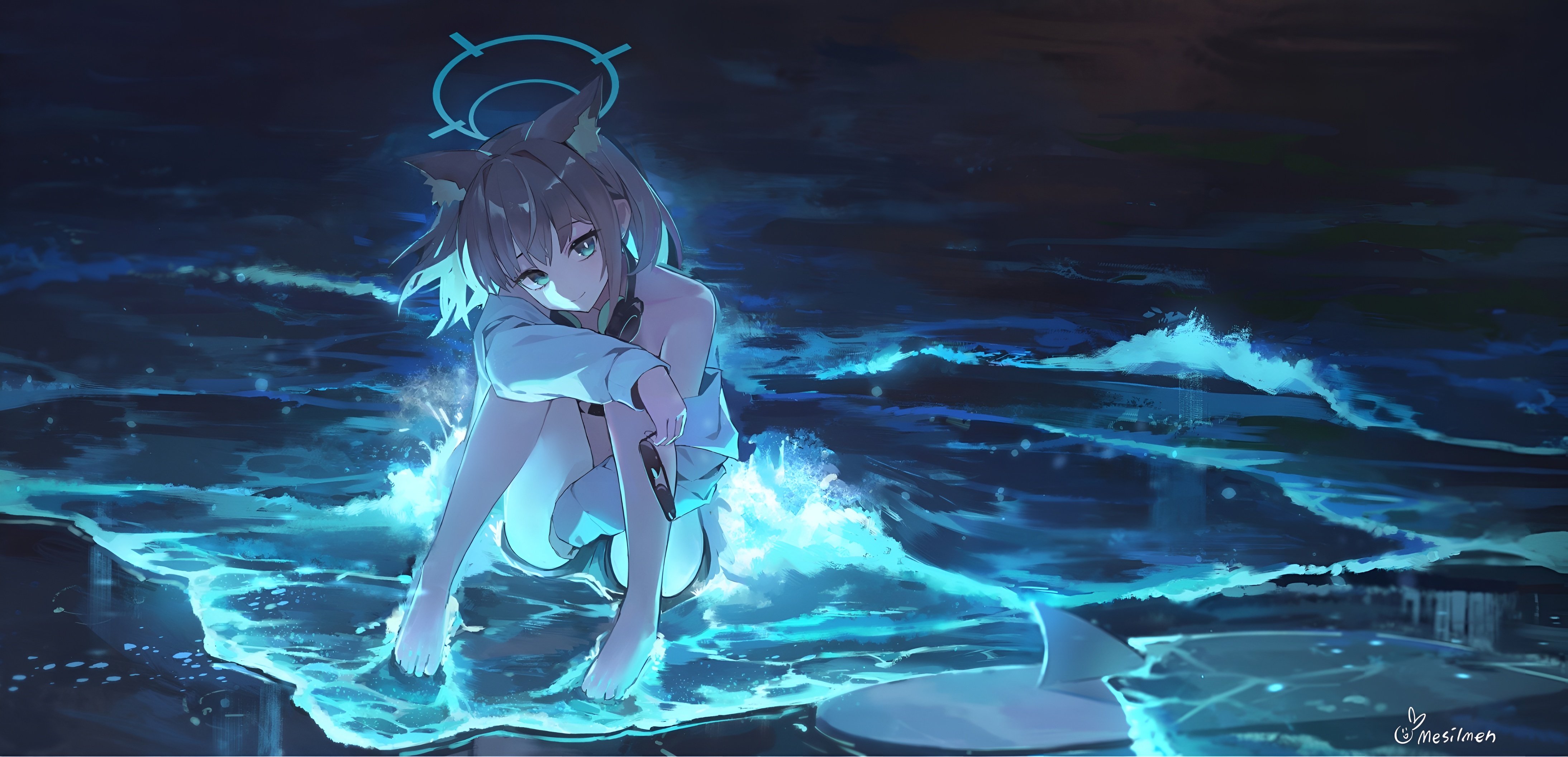 Shiroko Sunaookami Night Ocean Wallpaper 4K