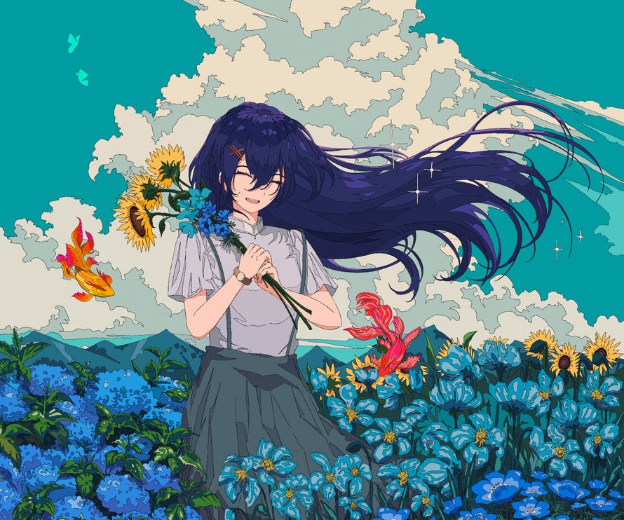 טפט אנימה ילדה בשדה פרחים 4K
