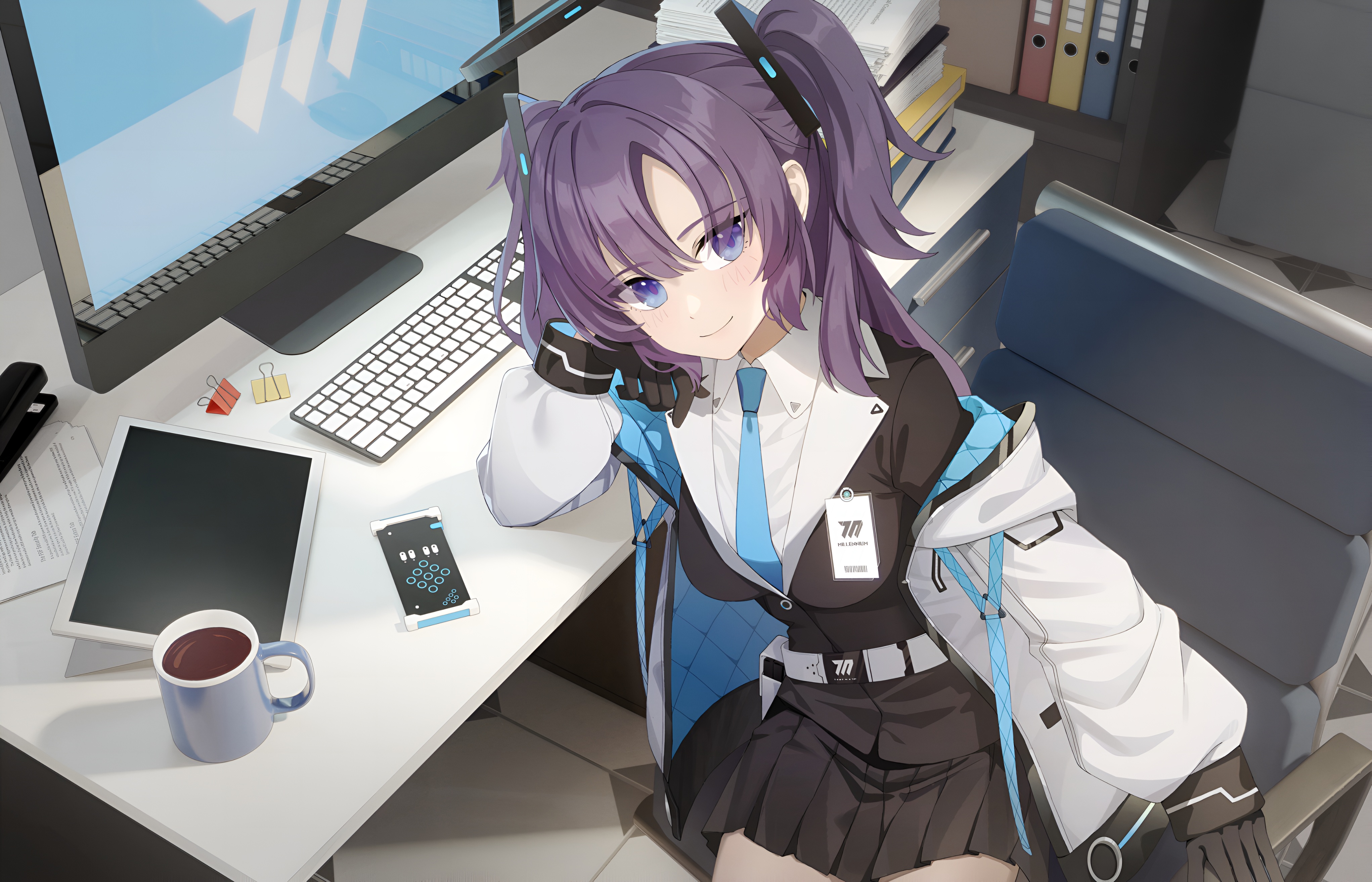 Hayase Yuuka Blue Archive Office Wallpaper 4K