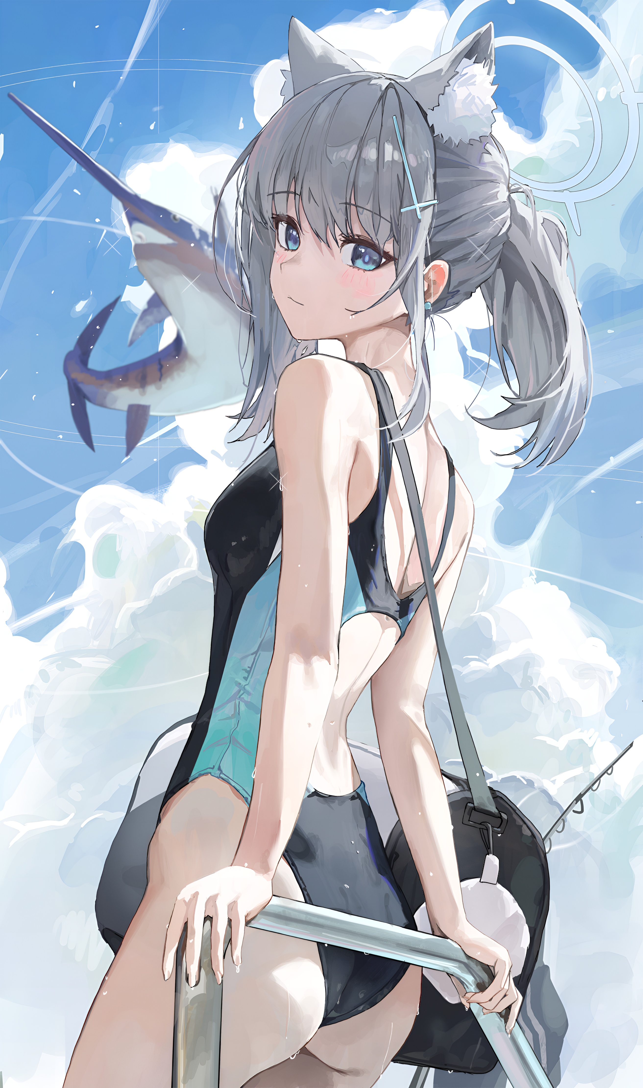 Shiroko Sunaookami Summer Fishing Wallpaper 4K