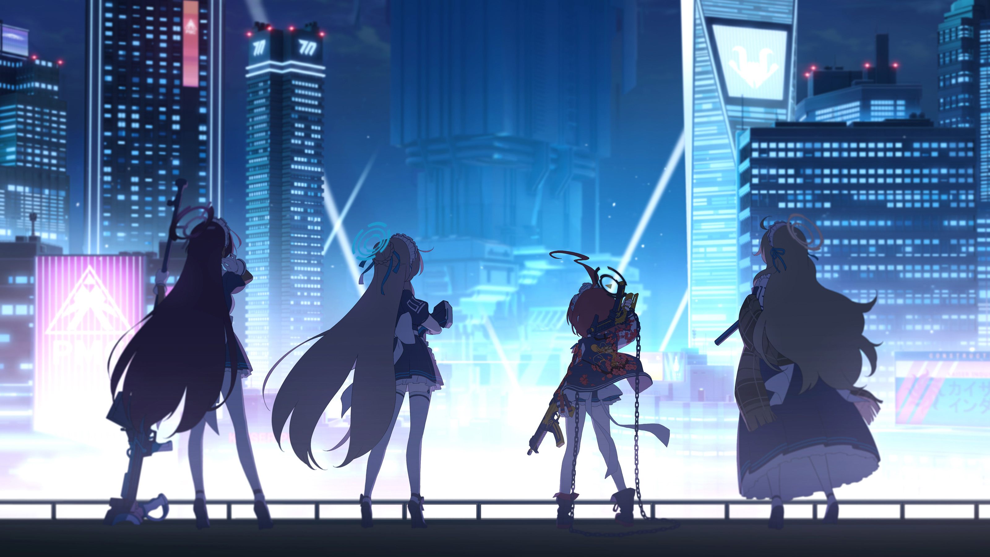 Blue Archive 4K Wallpaper – Ichinose Asuna | Kakudate Karin | Mikamo Neru | Tendou Alice – Pangkat ng Gabi sa Neon City