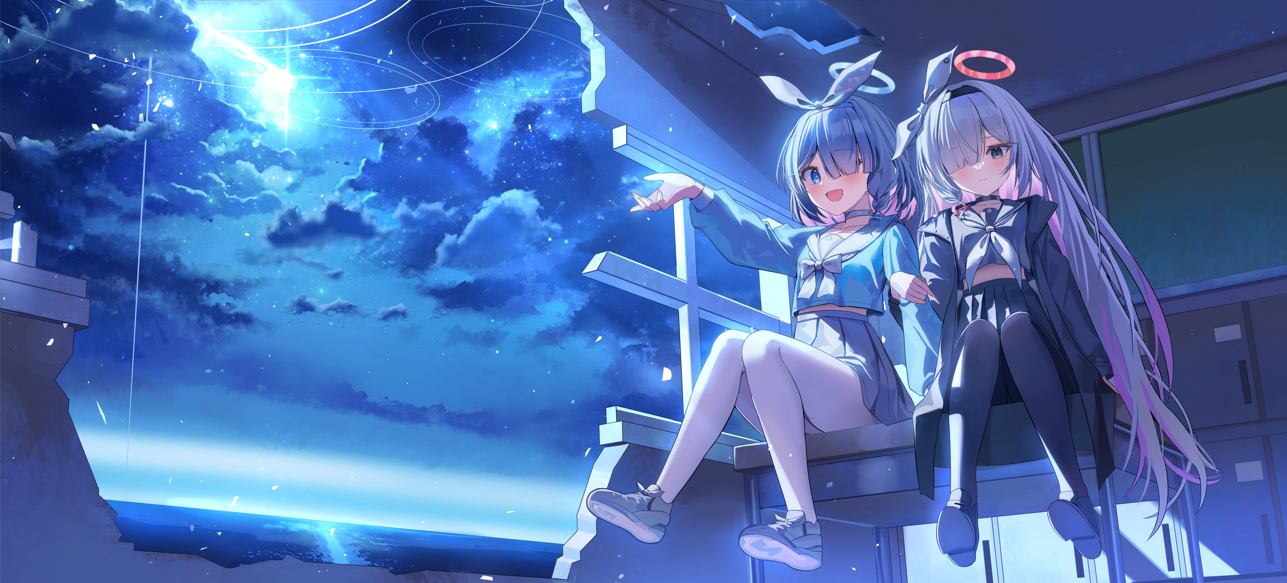 Arona & Plana Blue Archive 4K Achtergrond – Sterrennacht Klaslokaal