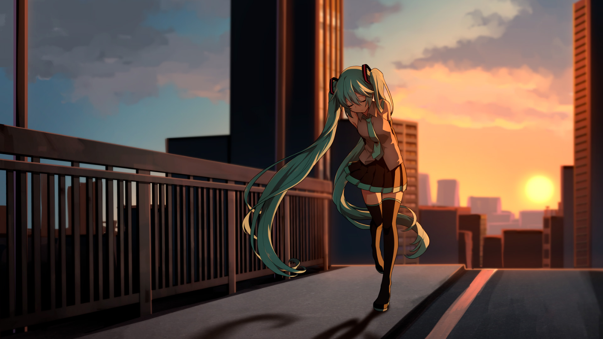 初音未来夕阳城市大桥动漫壁纸
