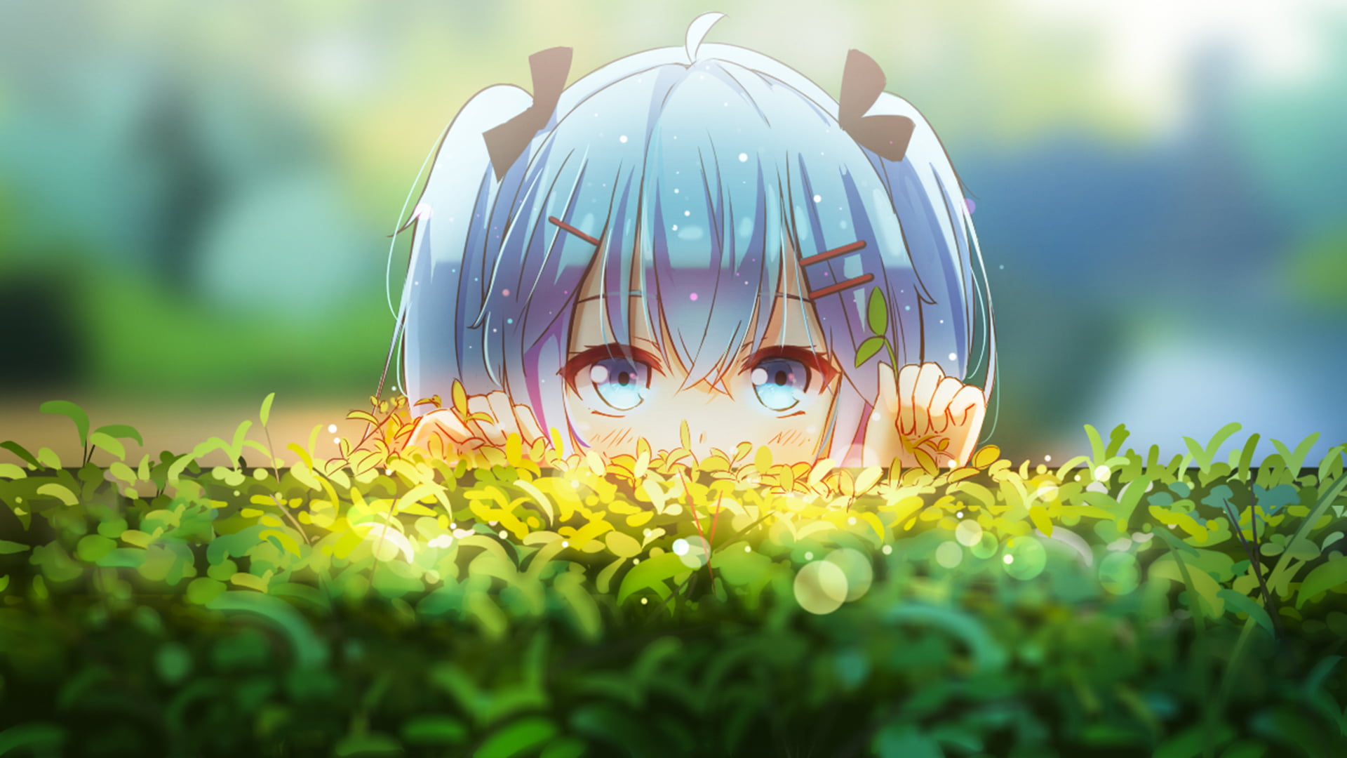 Hatsune Miku Peeking Through Bush Anime Wallpaper