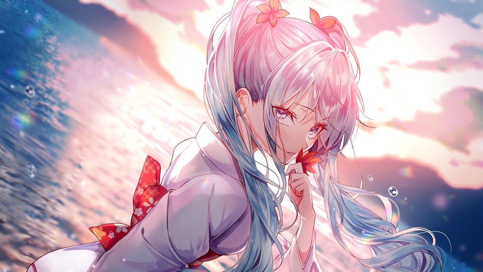 Papel de Parede Anime Hatsune Miku Pôr do Sol no Oceano