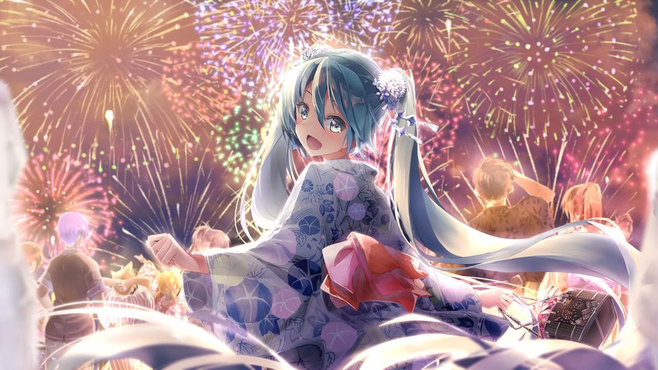 Papel de Parede 4K Hatsune Miku Festival de Fogos de Artifício Yukata