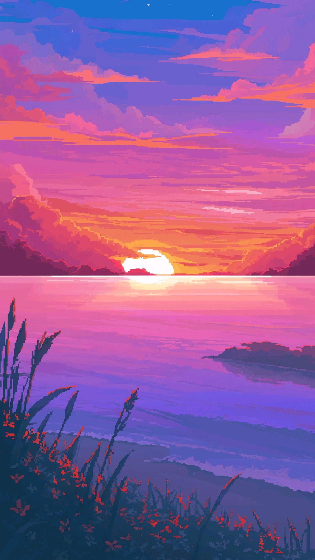 Fond d'écran en Pixel Art - Superbe Lac au Coucher de Soleil 4K