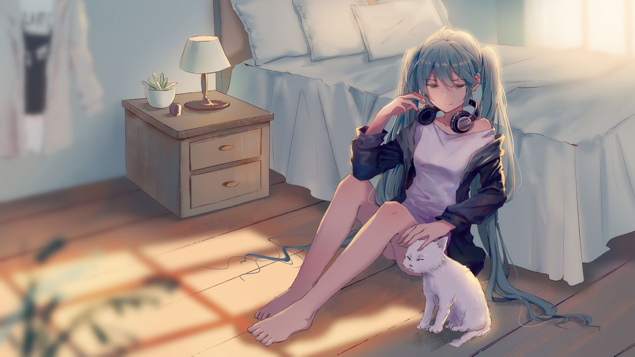 Papel de Parede de Hatsune Miku Relaxando com Gato Branco