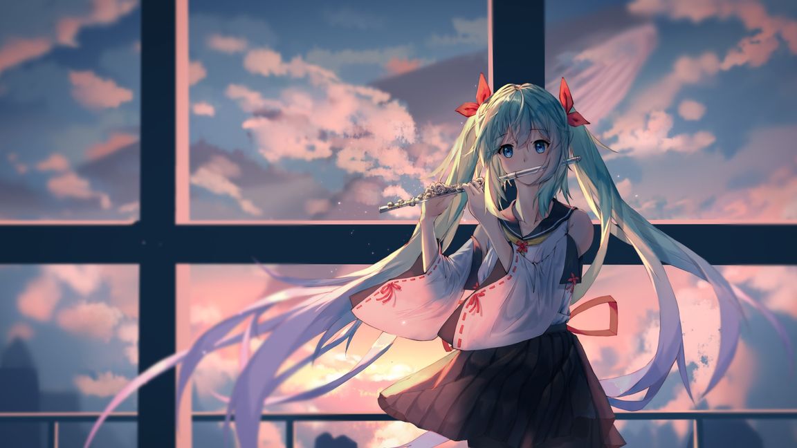 Papel de Parede de Hatsune Miku com Flauta e Pôr do Sol Anime