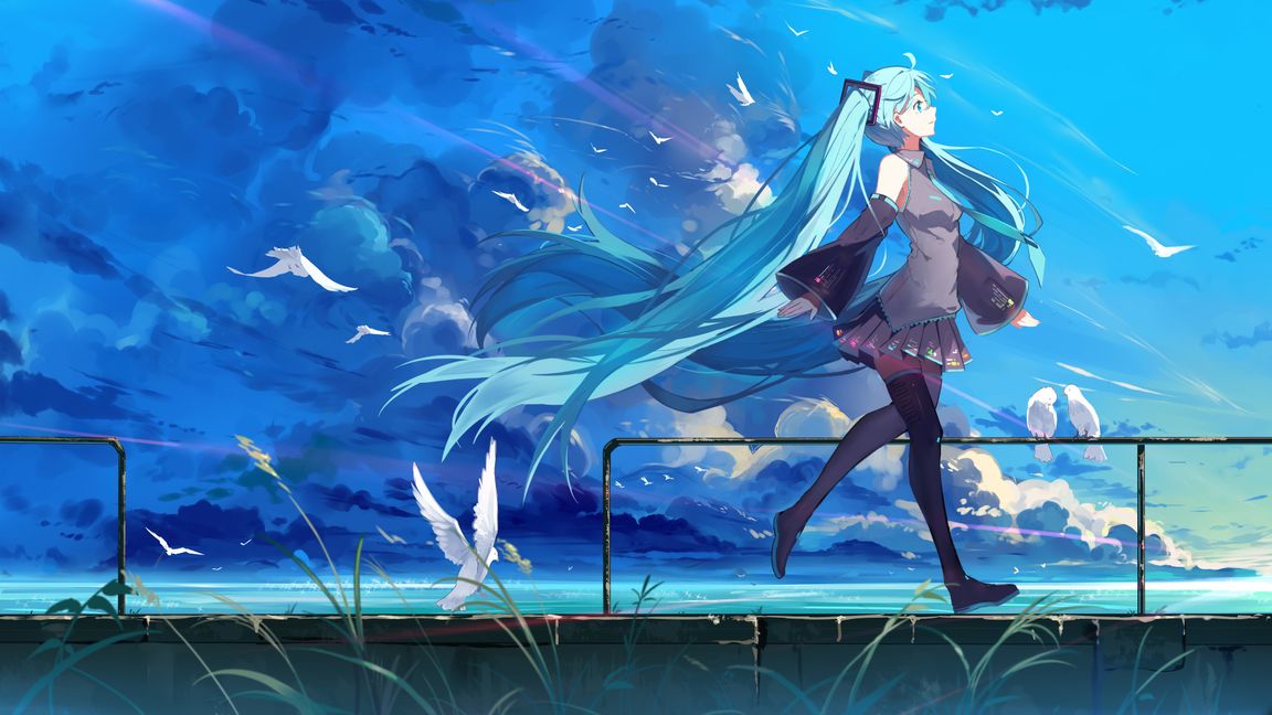 Papel de Parede Anime Hatsune Miku Vento e Pássaros 4K