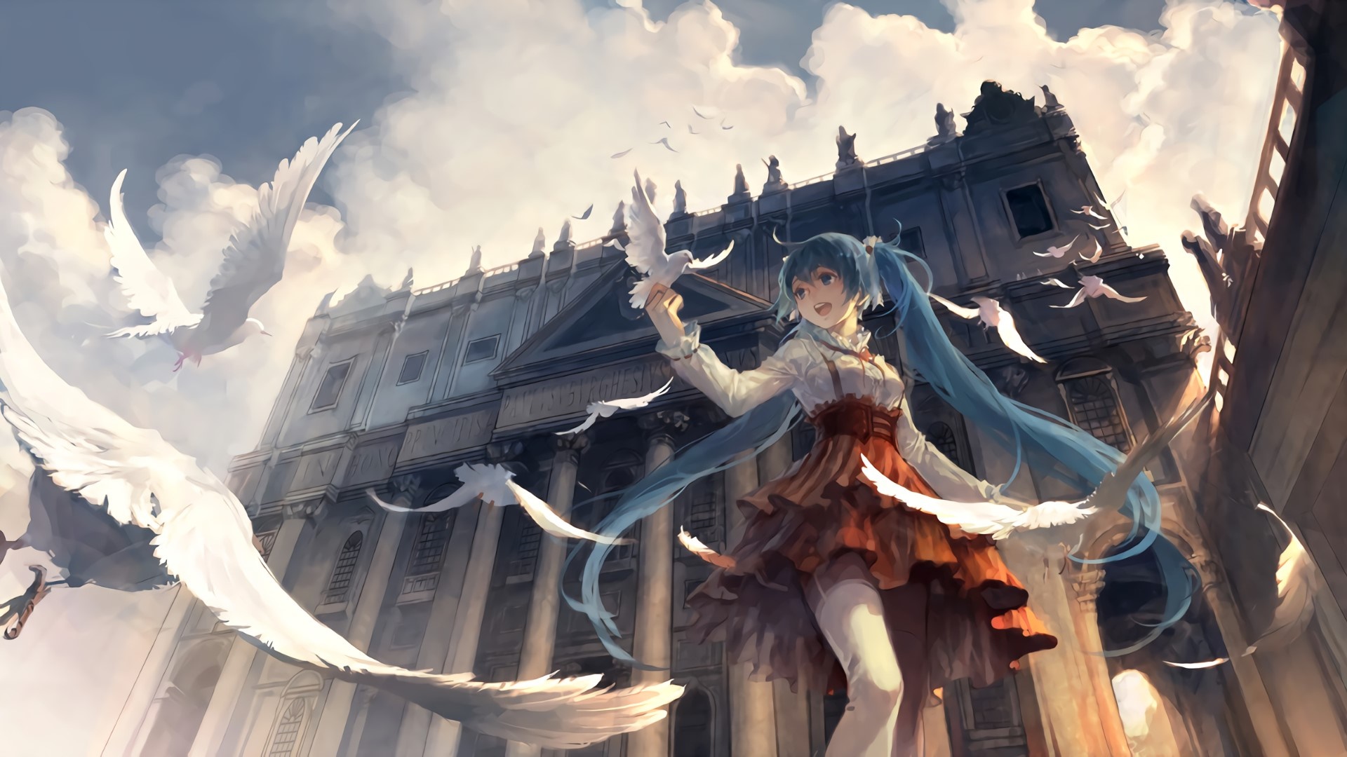 Hatsune Miku White Doves Cathedral Anime Wallpaper