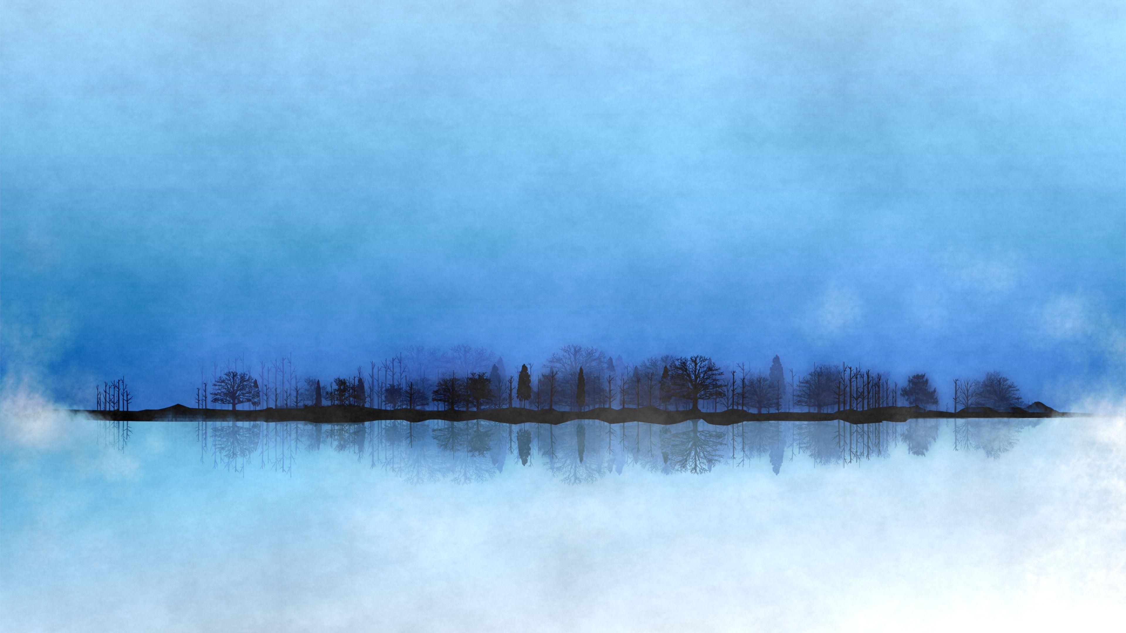 วอลเปเปอร์สะท้อนป่าสีฟ้าหมอกสำหรับ Linux Fedora