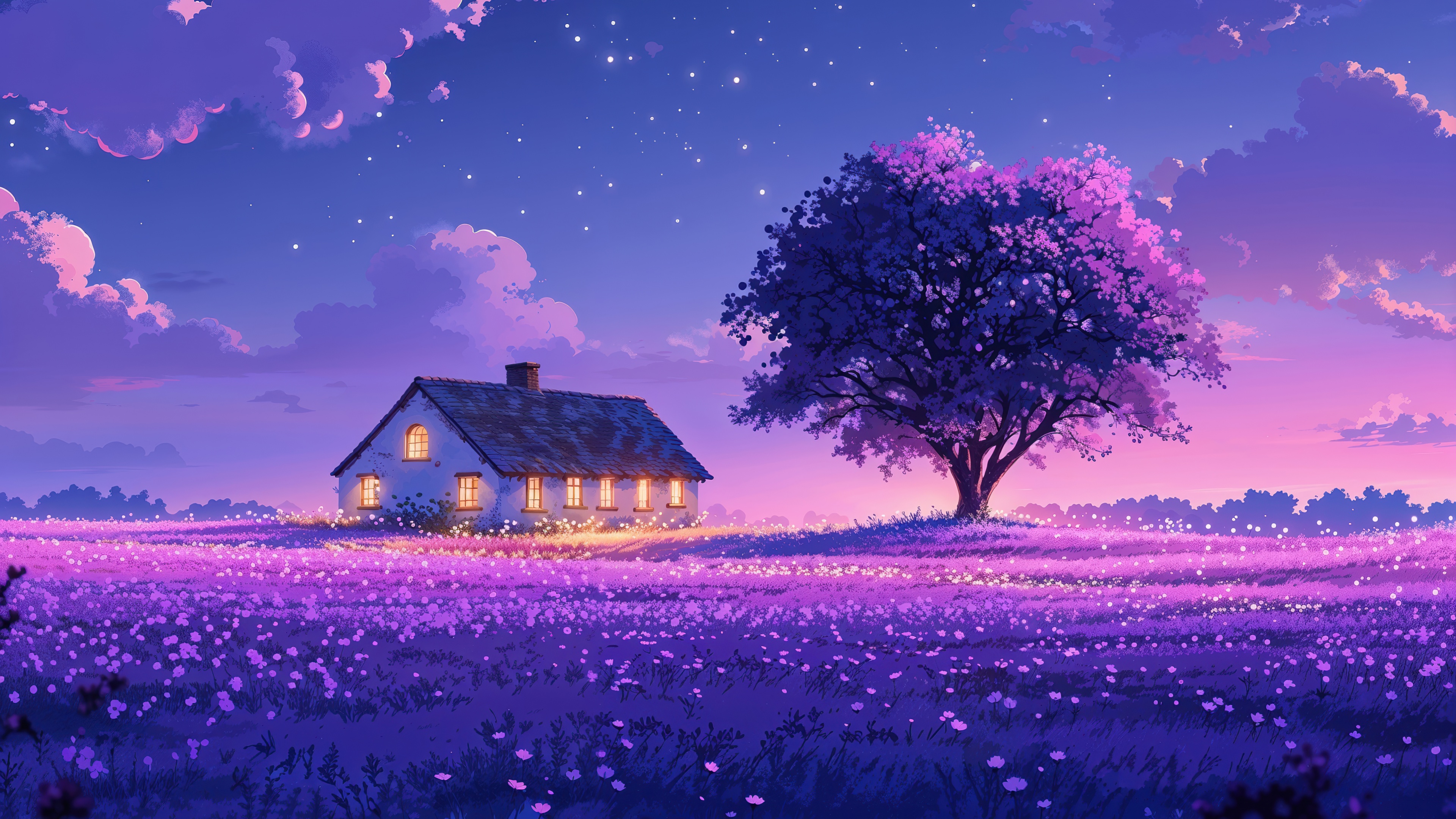 Anime Achtergrond: Rustig Paarse Veldenhuis 4K