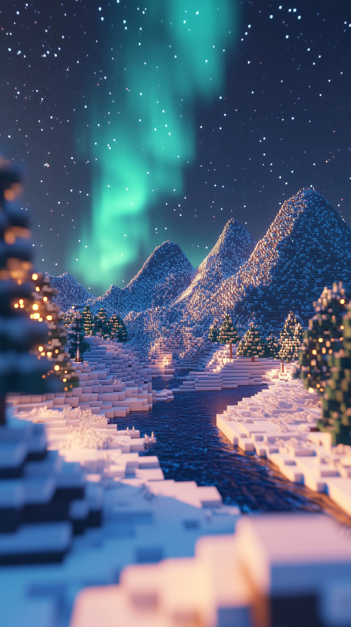วอลเปเปอร์ Minecraft 4K - แสงออโรราข้ามภูเขาหิมะ