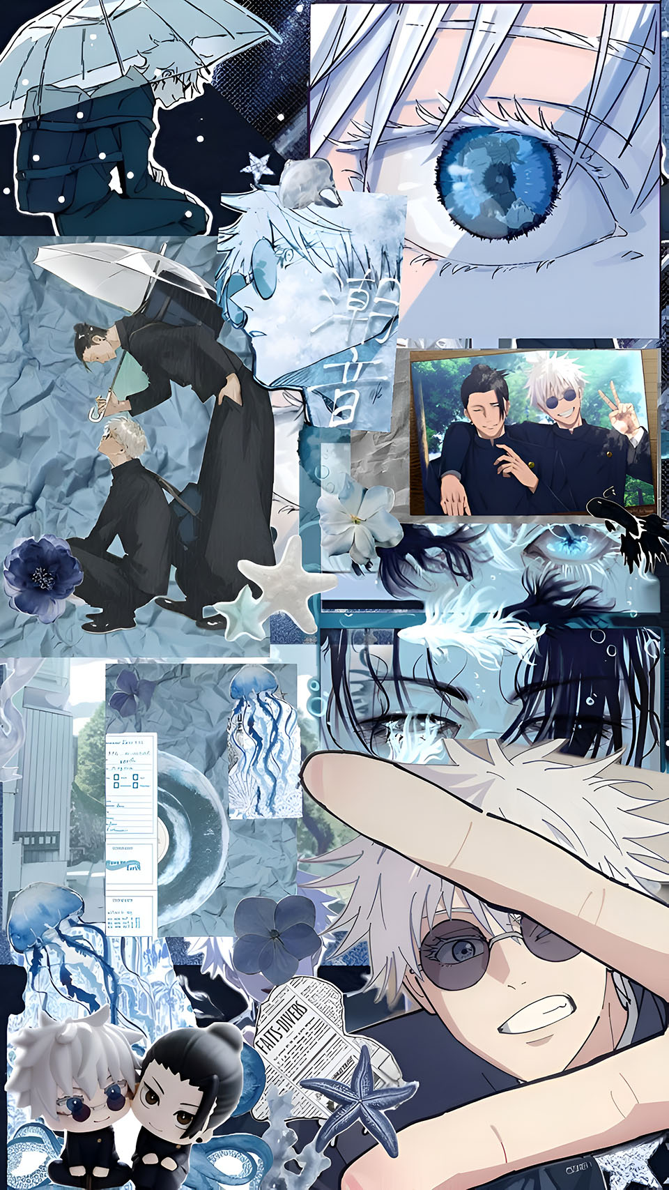 Fundal Estetic Albastru cu Satoru Gojo din Jujutsu Kaisen