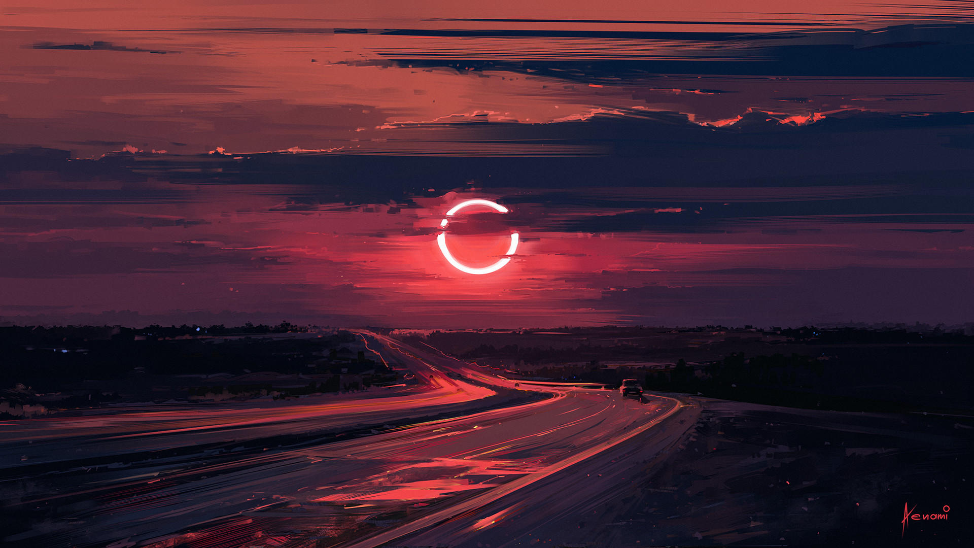 Eclipse Sunset Highway Digital Art 4K Wallpaper