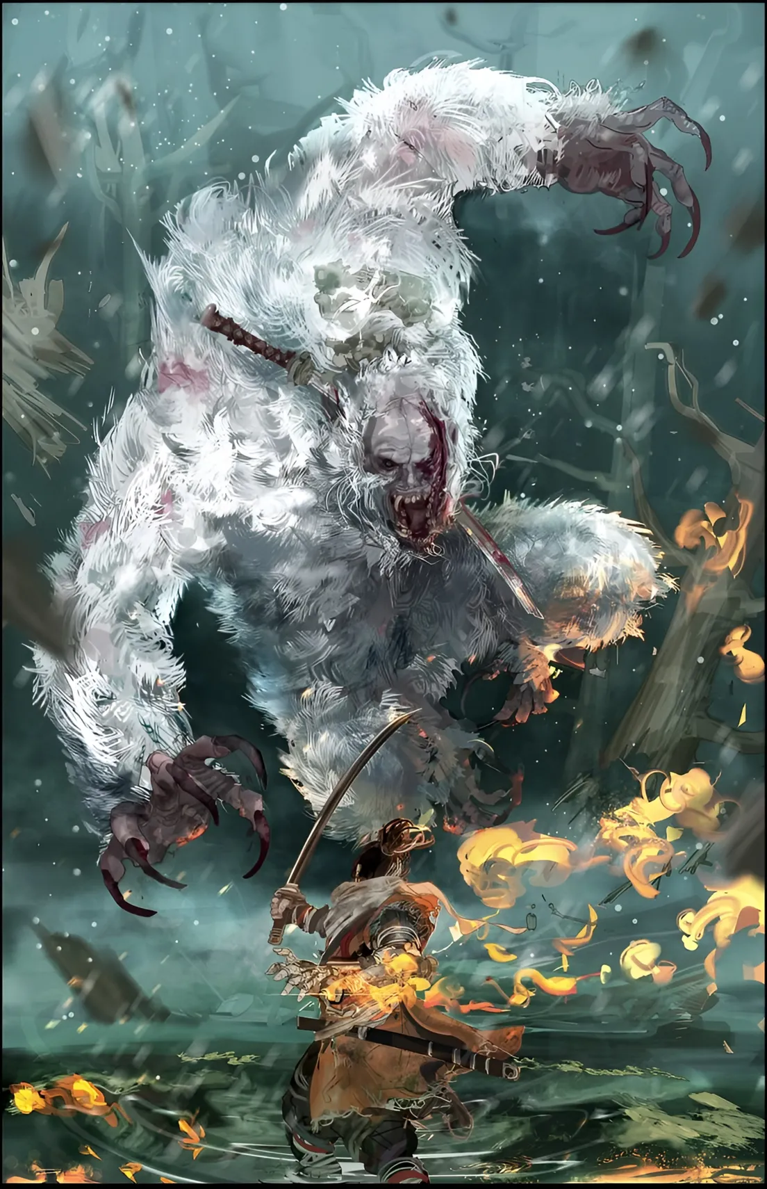 Sekiro Wallpaper: Warrior vs White Demon Beast
