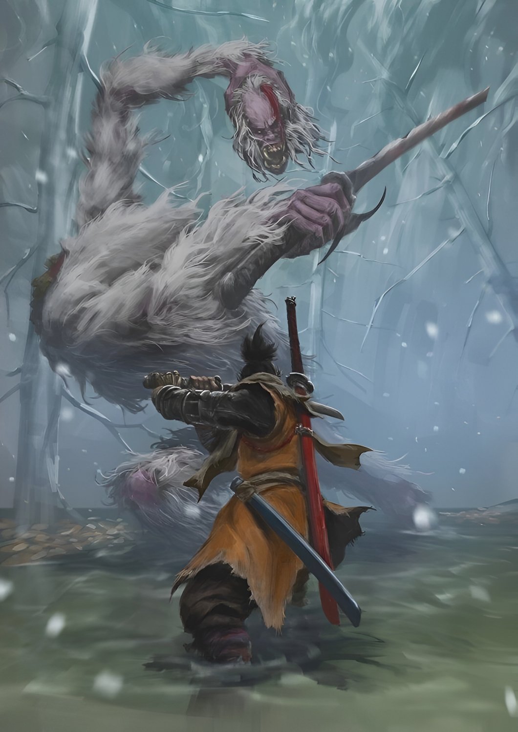 Sekiro Wallpaper - Warrior vs Snow Beast 4K