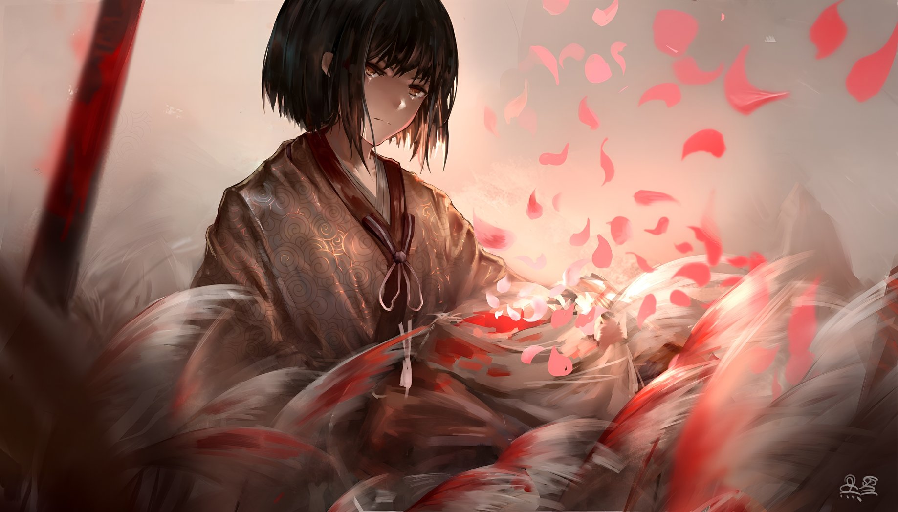 Sekiro Anime Warrior Kimono Petals 4K Wallpaper